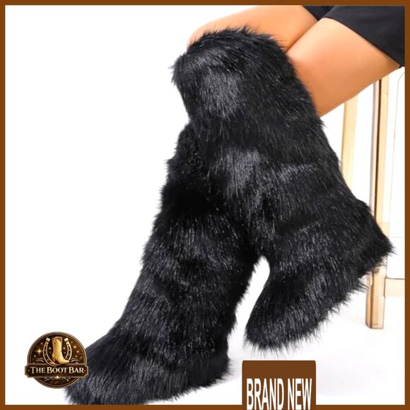 Faux Fur Knee High Boots Winter Fuzzy Fluffy Flat Snow Boots Women - Picture 6 of 7